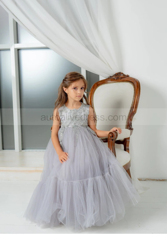 Gray Lace Tulle Beaded Elegant Flower Girl Dress